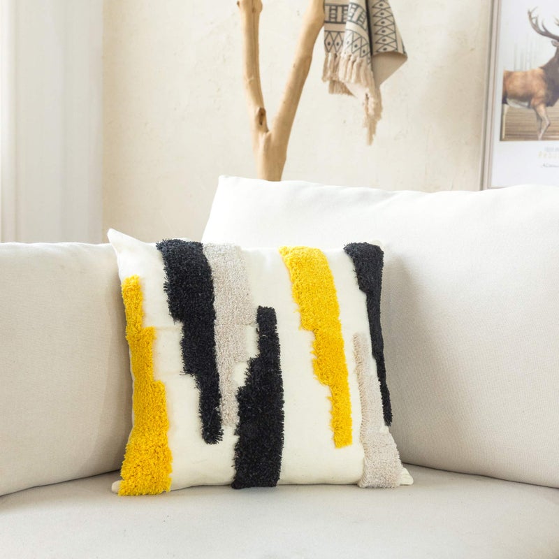 Snugtown Woven Tufted Boho Throw Pillow Cover, Modern Decorative Geometric Irregular Black Ivory Yellow Striped Lines Cushion, Farmhouse Tribal Pillowcases for Couch Sofa Bedroom Living Room, 18 x 18 Inches - Image 4
